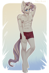 Size: 2000x3000 | Tagged: safe, artist:villjulie, oc, oc:royal minutes, earth pony, unicorn, anthro, unguligrade anthro, abs, clothes, commissioner:bigonionbean, fusion, fusion:prince blueblood, fusion:time turner, high res, horn, male, solo, stallion, swimming trunks, swimsuit, writer:bigonionbean