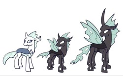 Size: 640x397 | Tagged: safe, artist:kokorokinda, oc, oc only, unnamed oc, changedling, changeling, age progression, changedling oc, changeling oc, female, reddit, simple background, solo, white background, white changeling