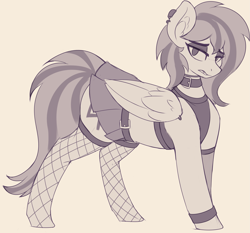 Size: 3335x3112 | Tagged: safe, artist:czu, oc, oc only, oc:naveen numbers, pegasus, pony, belt, clothes, ear piercing, earring, eyeliner, female, fishnet stockings, high res, jewelry, lidded eyes, makeup, mare, open mouth, piercing, shirt, simple background, skirt, solo, wing piercing, wings