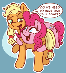 Size: 2033x2226 | Tagged: safe, artist:doodledonutart, applejack, pinkie pie, earth pony, pony, g4, applejack is not amused, blue background, dialogue, duo, duo female, eyebrows, female, halftone, hape, hatless, high res, hug, looking at each other, looking at someone, mare, missing accessory, open mouth, open smile, outline, patience, personal space invasion, ponytober, raised eyebrow, raised hoof, simple background, smiling, speech bubble, unamused