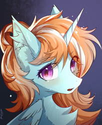 Size: 1888x2315 | Tagged: safe, artist:gale spark, oc, oc only, oc:p.p.a, alicorn, pony, blushing, bust, chest fluff, cute, dark background, digital art, ear fluff, eyelashes, female, horn, looking at you, mare, open mouth, portrait, purple eyes, simple background, solo, sparkles, wings