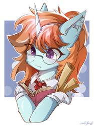Size: 2048x2732 | Tagged: safe, artist:gale spark, oc, oc only, oc:p.p.a, alicorn, pony, alicorn oc, blushing, book, bundle, clothes, digital art, ear fluff, eyelashes, female, glasses, half body, high res, horn, looking back, mare, necktie, paper, purple eyes, reading, scroll, shirt, simple background, solo, vest, wings