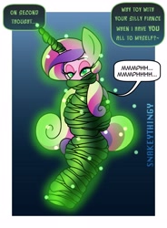 Size: 2800x3800 | Tagged: safe, artist:snakeythingy, princess cadance, alicorn, pony, g4, bondage, changeling slime, commission, damsel in distress, dialogue, gag, high res, implied chrysalis, kidnapped, magic suppression, mind control, muffled words, mummification, offscreen character, peril, slime, speech bubble, wrapped up