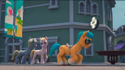 Size: 1280x724 | Tagged: safe, screencap, diggy, hitch trailblazer, sander, earth pony, pony, g5, have you seen this dragon?, my little pony: make your mark, my little pony: make your mark chapter 2, spoiler:g5, spoiler:my little pony: make your mark chapter 2, spoiler:mymc02e08, angry, animated, background pony, blanket, blaze (coat marking), building, cape, clothes, coat markings, facial markings, glasses, intense, male, mask, no mercy, ominous, pharmacy, serious, serious face, socks (coat markings), sound, stallion, stare, street, table, voice, webm