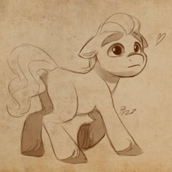 Size: 2048x2048 | Tagged: safe, artist:haruh_ink, sprout cloverleaf, earth pony, pony, g5, butt, cute, floppy ears, heart, high res, looking at something, male, plot, raised hoof, sketch, solo, sproutbetes, stallion