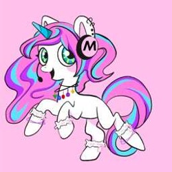 Size: 256x256 | Tagged: safe, oc, oc only, pony, unicorn, black outlines, bracelet, colored ears, colored horn, ear piercing, female, headphones, horn, jewelry, mare, microphone, missing cutie mark, multicolored eyes, necklace, not flurry heart, piercing, pink background, reddit, simple background, solo, unicorn oc