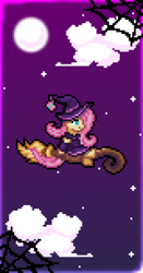 Size: 4800x9180 | Tagged: safe, artist:mariothepixelarter, fluttershy, pegasus, pony, g4, absurd resolution, broom, clothes, cloud, dress, female, flying, flying broomstick, full moon, halloween, hat, holiday, mare, moon, night, no pupils, pixel art, sitting, solo, spider web, stars, witch, witch hat
