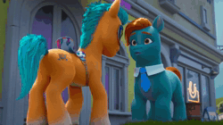 Size: 1280x716 | Tagged: safe, screencap, hitch trailblazer, sunny starscout, toots, earth pony, pony, g5, have you seen this dragon?, my little pony: make your mark, my little pony: make your mark chapter 2, spoiler:g5, spoiler:my little pony: make your mark chapter 2, spoiler:mymc02e08, animated, bag, begging, blanket, blaze (coat marking), butt, cape, clothes, coat markings, facial markings, female, fluttershy's cutie mark, growling, grunting, helmet, hitchbutt, intense, interrogation, male, mare, maretime bay, mask, neon, neon sign, ominous, plot, rainbow dash's cutie mark, roller skates, running away, scared, sound, stallion, street, superhero, twilight sparkle's cutie mark, voice, webm