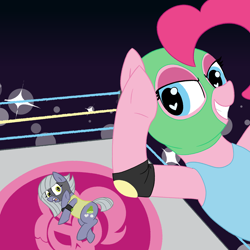 Size: 2500x2500 | Tagged: safe, artist:legendoflink, limestone pie, pinkie pie, earth pony, pony, g4, camera flashes, clothes, duo, duo female, elbow drop, elbow pads, female, high res, leotard, mask, pinktober, siblings, simple background, sisters, sports, wrestling, wrestling ring