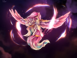 Size: 2160x1620 | Tagged: safe, artist:crybaby, fluttershy, pegasus, pony, g4, braid, colored wings, determined look, energy, feathered fetlocks, flying, large wings, long mane, long tail, multicolored hair, multicolored wings, rainbow power, solo, tail, wings