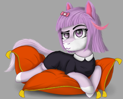 Size: 2805x2250 | Tagged: safe, artist:enteryourponyname, oc, oc:masyunya, earth pony, pony, clothes, dress, ear fluff, gray background, high res, looking at you, lying down, lying on pillows, pillow, ponified, raised eyebrow, simple background, smiling, smiling at you, solo