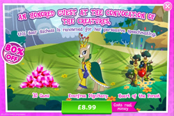 Size: 1962x1301 | Tagged: safe, gameloft, idw, queen birch, deer, g4, my little pony: magic princess, advertisement, bush, clothes, costs real money, crown, doe, english, female, flower, gem, idw showified, introduction card, jewelry, numbers, queen, regalia, sale, solo, text, tree
