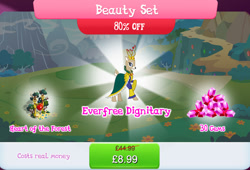 Size: 1260x857 | Tagged: safe, gameloft, idw, queen birch, deer, g4, my little pony: magic princess, beauty set, bundle, bush, clothes, costs real money, crown, doe, english, female, flower, gem, idw showified, jewelry, numbers, queen, regalia, sale, solo, text, tree