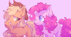 Size: 640x337 | Tagged: safe, artist:kerucloudii, applejack, pinkie pie, earth pony, pony, g4, applejack's hat, chest fluff, cowboy hat, duo, female, hat, mare, whispering