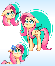 Size: 1000x1200 | Tagged: safe, artist:bunivanah06, fluttershy, pegasus, pony, g4, always works, blushing, dreamworks face, female, floppy ears, flower, flower in hair, folded wings, grin, looking at you, mare, missing cutie mark, smiling, smiling at you, solo, standing, three quarter view, wings