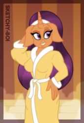 Size: 2400x3500 | Tagged: safe, artist:snakeythingy, saffron masala, anthro, g4, clothes, high res, ponyville spa, robe, robes, sauna, spa, steam