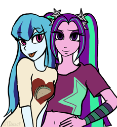 Size: 1200x1299 | Tagged: safe, artist:tacoman dusct, aria blaze, sonata dusk, human, equestria girls, g4, duo, duo female, female, food, makeup, simple background, smiling, taco, tongue out, white background