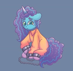 Size: 3602x3550 | Tagged: safe, artist:kutemango, misty brightdawn, pony, unicorn, g5, clothes, commission, commissioner:rainbowdash69, cuffed, high res, jumpsuit, never doubt rainbowdash69's involvement, prison jumpsuit, prison outfit, prisoner, prisoner misty, sad, solo