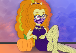 Size: 1754x1240 | Tagged: safe, artist:cybersquirrel, adagio dazzle, human, equestria girls, g4, black nail polish, choker, face mask, fishnet stockings, glasses, looking away, mask, nail polish, pumpkin, reference, sitting, solo