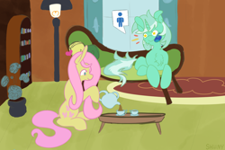 Size: 3600x2400 | Tagged: safe, artist:shiiiny, fluttershy, lyra heartstrings, pegasus, pony, unicorn, g4, bookshelf, cup, cushion, digital art, dock, duo, duo female, female, fluttershy's cottage, heart, high res, lamp, lesbian, mare, open mouth, ponytober, rug, ship:lyrashy, shipping, sitting, starry eyes, tail, teacup, teapot, that pony sure does love humans, window, wingding eyes