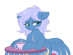 Size: 2300x1733 | Tagged: safe, artist:higglytownhero, oc, oc only, oc:vesperal breeze, pegasus, pony, coffee, commission, female, looking away, pegasus oc, scar, self harm, self harm scars, simple background, solo, table, transparent background