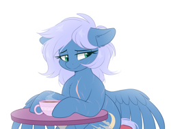 Size: 2300x1733 | Tagged: safe, artist:higglytownhero, oc, oc only, oc:vesperal breeze, pegasus, pony, bloom, coffee, commission, female, looking away, pegasus oc, scar, self harm, self harm scars, simple background, solo, table, white background