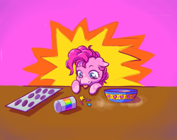Size: 1280x1016 | Tagged: safe, artist:littleempressbee, pinkie pie, earth pony, pony, g4, baking, bowl, bust, female, food, heart, heart eyes, jar, looking at something, muffin tray, smol, solo, sprinkles, table, tongue out, wingding eyes