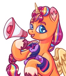 Size: 916x1058 | Tagged: safe, artist:kutemango, sunny starscout, twilight sparkle, alicorn, pony, g5, my little pony: a new generation, artificial horn, artificial wings, augmented, coat markings, cute, horn, magic, magic horn, magic wings, mane stripe sunny, megaphone, open mouth, open smile, plushie, race swap, simple background, smiling, socks (coat markings), solo, sunnybetes, sunnycorn, twilight sparkle (alicorn), twilight sparkle plushie, unshorn fetlocks, white background, wings