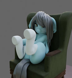 Size: 1119x1200 | Tagged: safe, artist:lfø, oc, oc only, oc:flower popen, bat pony, gynoid, pony, robot, robot pony, open pony, 3d, bat pony oc, bat wings, blender, blender cycles, blue pony, butt, clothes, couch, couch potato, cute, female, floppy ears, grey hair, long hair, looking at you, mare, plot, render, second life, simple background, sitting, smiling, smiling at you, socks, solo, wings, yellow eyes