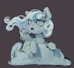 Size: 3904x3624 | Tagged: safe, artist:inkhooves, oc, oc only, oc:snowdrop, pegasus, pony, cloud, female, filly, foal, gray background, high res, looking up, on a cloud, open mouth, simple background, sitting, sitting on a cloud, solo
