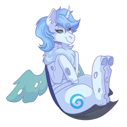Size: 2200x2200 | Tagged: safe, artist:monnarcha, oc, oc only, oc:icefumy, changeling, chest fluff, curved horn, digital art, ear fluff, eyelashes, female, full body, green eyes, high res, hooves, horn, ice changeling, looking at you, simple background, smiling, smiling at you, solo, tail, transparent background, white changeling, wings
