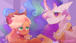 Size: 640x360 | Tagged: safe, artist:kerucloudii, applejack, princess celestia, alicorn, earth pony, pony, g4, chest fluff, duo, ear fluff, neck fluff