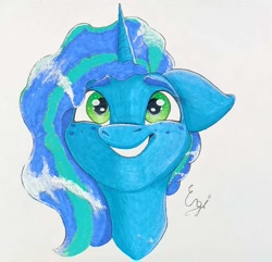 Size: 1498x1444 | Tagged: safe, artist:engi, misty brightdawn, pony, unicorn, g5, my little pony: make your mark, cute, eyebrows, freckles, happy, marker drawing, simple background, smiling, solo, traditional art