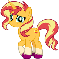 Size: 4357x4391 | Tagged: safe, artist:emeraldblast63, sunset shimmer, pony, unicorn, g4, coat markings, female, g5 style, mare, simple background, smiling, socks (coat markings), solo, transparent background, unshorn fetlocks