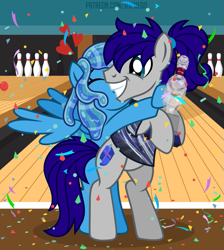 Size: 897x1000 | Tagged: safe, artist:jennieoo, oc, oc:maverick, oc:ocean soul, earth pony, pegasus, pony, bowling, cheek kiss, couple, happy, kissing, patreon, patreon reward, ponytail, show accurate, soulverick, story, story included, trophy, vector