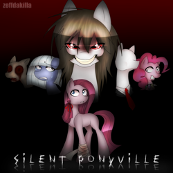 Size: 2500x2496 | Tagged: safe, artist:zeffdakilla, pinkie pie, earth pony, pony, undead, zombie, fanfic:silent ponyville, g4, bandage, bellamina, black background, blood, creepypasta, evil, evil grin, female, grin, groaner, high res, looking at you, male, mare, pinkamena diane pie, red eyes, ribbon, scared, simple background, slendermane, smiling, stallion, standing