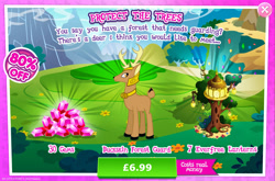 Size: 1964x1296 | Tagged: safe, gameloft, idw, deer, g4, my little pony: magic princess, advertisement, antlers, armor, bush, costs real money, english, flower, gem, guard, horns, idw showified, introduction card, lantern, male, numbers, sale, solo, stag, text, timberlane, tree