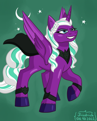 Size: 800x1000 | Tagged: safe, artist:friedrich911, opaline arcana, alicorn, pony, g5, spoiler:g5, cape, clothes, eyeshadow, female, green background, grin, makeup, mare, moon, signature, simple background, smiling, solo, spread wings, stars, wings