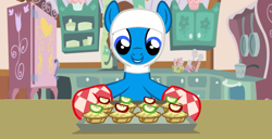 Size: 1103x563 | Tagged: safe, artist:shieldwingarmorofgod, oc, oc:finn the pony, apple, apple pie, cute, food, kitchen, ocbetes, oven mitts, pie