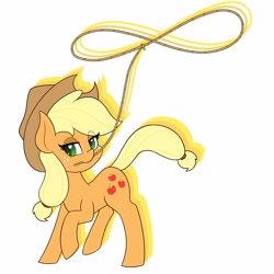 Size: 4000x4000 | Tagged: safe, artist:mrneo, applejack, earth pony, pony, g4, eye clipping through hair, female, lasso, lidded eyes, mare, mouth hold, raised hoof, rope, simple background, solo, white background