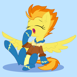 Size: 2000x2000 | Tagged: safe, artist:fakkajohan, spitfire, pegasus, pony, g4, bomber jacket, clothes, cute, cutefire, eyes closed, female, high res, jacket, simple background, sitting, sleepy, solo, spread wings, uniform, wings, wonderbolts uniform, yawn