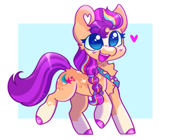 Size: 2163x1762 | Tagged: safe, artist:moccabliss, sunny starscout, earth pony, pony, g5, bag, braid, chest fluff, coat markings, cute, female, freckles, heart, mane stripe sunny, mare, multicolored hair, no pupils, open mouth, open smile, saddle bag, smiling, socks (coat markings), solo, sunnybetes