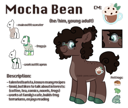 Size: 3200x2700 | Tagged: safe, artist:pink-pone, oc, oc:mocha bean, earth pony, frog, pony, apron, body freckles, clothes, coat markings, colored hooves, freckles, glasses, high res, hoof polish, male, outfits, pajamas, pale belly, pronouns, reference sheet, simple background, socks (coat markings), solo, stallion, sweater, transparent background, turtleneck
