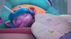 Size: 1484x828 | Tagged: safe, screencap, izzy moonbow, pony, unicorn, g5, have you seen this dragon?, my little pony: make your mark, my little pony: make your mark chapter 2, bed, blanket, eyes closed, pillow, sleeping