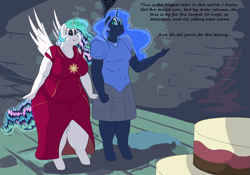 Size: 3115x2177 | Tagged: safe, artist:lupin quill, nightmare moon, princess celestia, alicorn, anthro, unguligrade anthro, fanfic:nightmare moons rubenesque revenge, series:nightmare moons rubenesque revenge (weight gain), g4, armor, armor skirt, bbw, belly, big breasts, breasts, busty princess celestia, cake, cakelestia, castle of the royal pony sisters, chainmail, chubby, chubbylestia, clothes, dialogue, dress, fanfic art, fat, fat fetish, fetish, food, helmet, high res, magic, mind control, open mouth, skirt, spread wings, thighs, this will end in colic, this will end in weight gain, thunder thighs, weight gain, weight gain sequence, wide hips, wingboner, wings