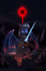 Size: 1420x2160 | Tagged: safe, artist:cyonixcymatro, oc, oc only, alicorn, bat pony, bat pony alicorn, semi-anthro, alicorn oc, arm hooves, bat wings, dark souls 3, horn, solo, wings