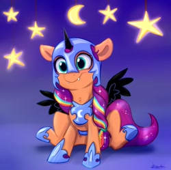 Size: 2200x2190 | Tagged: safe, artist:rutkotka, sunny starscout, earth pony, pony, g5, my little pony: tell your tale, nightmare night party, spoiler:g5, spoiler:my little pony: tell your tale, spoiler:tyts01e30, clothes, costume, cute, cute little fangs, fake horn, fake wings, fangs, female, gradient background, helmet, high res, hoof shoes, mane stripe sunny, mare, moon, multicolored mane, nightmare moon armor, nightmare night costume, nightmare sunny, peytral, sitting, smiling, solo, sparkly mane, spread wings, stars, sunnybetes, wings