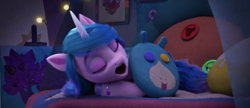 Size: 2476x1074 | Tagged: safe, screencap, izzy moonbow, pony, unicorn, g5, my little pony: make your mark, my little pony: make your mark chapter 2, the traditional unicorn sleep-over, spoiler:g5, female, mare, open mouth, plushie, sleeping, snoring, solo