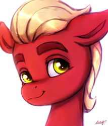 Size: 1574x1841 | Tagged: safe, artist:buttersprinkle, sprout cloverleaf, earth pony, pony, g5, bust, cute, floppy ears, looking at you, male, portrait, signature, simple background, smiling, solo, sproutbetes, stallion, white background