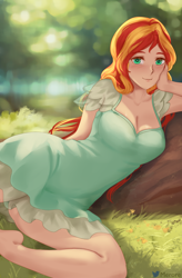 Size: 1300x1980 | Tagged: safe, alternate version, artist:merore, sunset shimmer, human, g4, beautiful, blushing, breasts, busty sunset shimmer, cleavage, clothes, cute, dress, female, forest, humanized, looking at you, lying, lying down, nature, outdoors, shimmerbetes, smiling, solo, tree